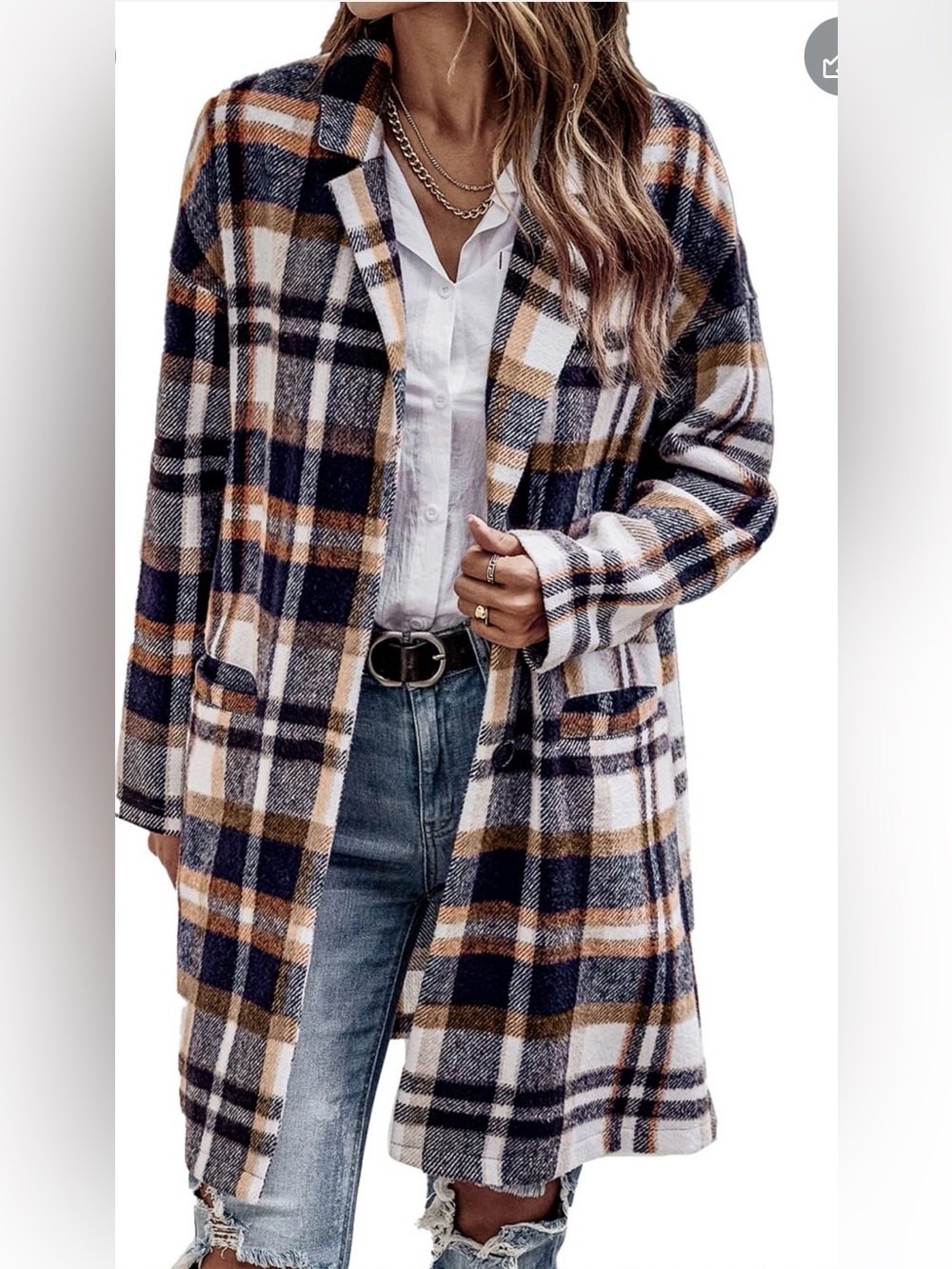 Plaid Open-Front Longline Sweater Coat - Navy, White & Tan